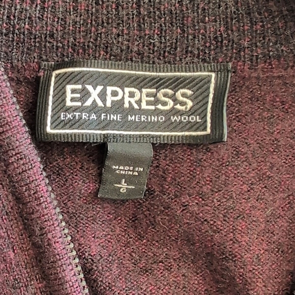 Express Mens Large 100% Extra Fine Merino Wool Quarter Zip Sweater Maroon - Picture 7 of 8